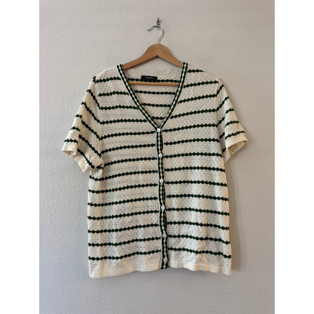 Fashion Striped Knit Cardigan Short Sleeve Button Up V-Neck Sz M Green White EXC
